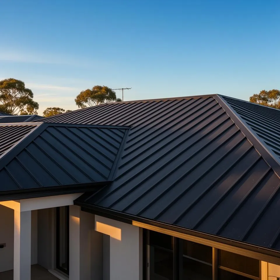 Freshly installed dark Colorbond metal roof on a modern Australian home
